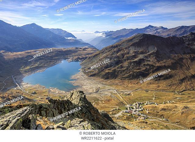 View of Lake Montespluga from Pizzo Della Casa, Chiavenna Valley, Spluga Valley, Valtellina, Lombardy, Italy, Europe
