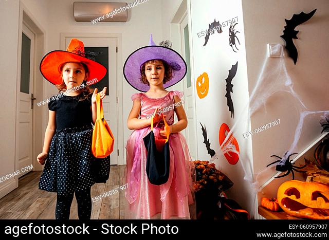 Portrait of two lovely girls wearing witch dresses and hats holding their bags, waiting for candies. Halloween traditions