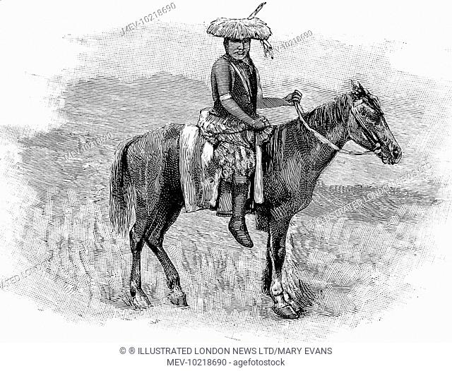 Indian Chief on horseback, wearing flattened feather head dress