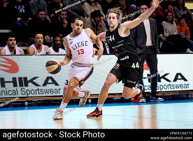 Liege's Angel Rodriguez and Kortrijk's Brevin Pritzl fight for the ball during a basketball match between RSW Liege Basket and House of Talents Spurs Kortrijk