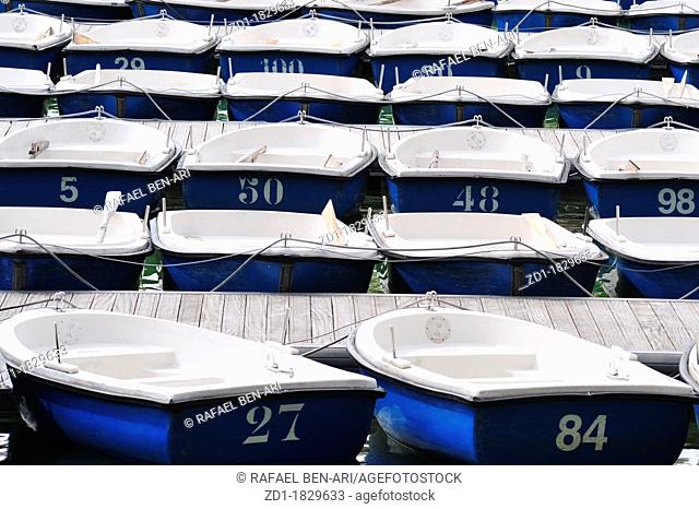 Many Blue & White dinghy boats mooring on a lake