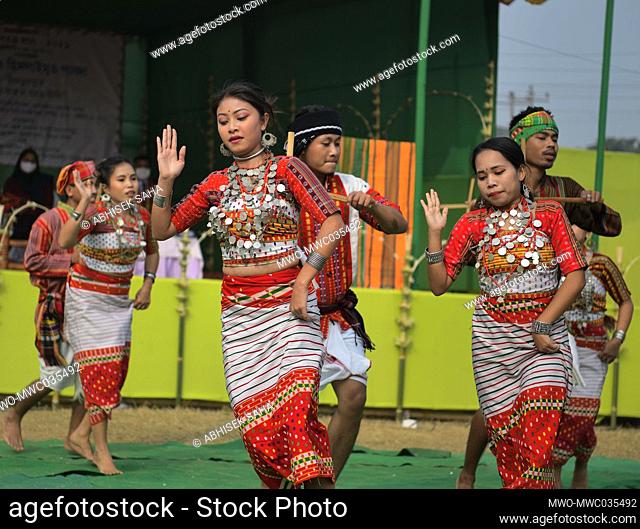 Performers during a cultural program on the celebration of ""Kokborok Day"". Kokborok Day (Tripuri Language Day), is a festival celebrated in the Indian state...