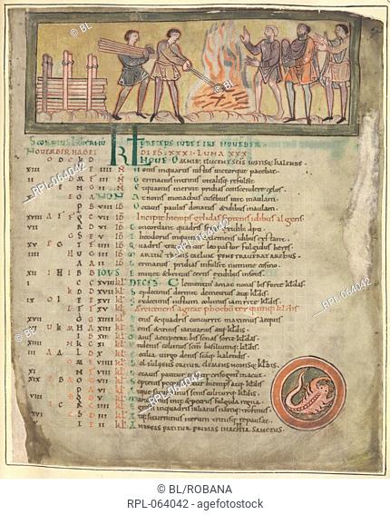 Warming and smithying Whole folio Calendar page for November. Workers around a fire, one carrying logs another holding tongs making nails on the fire and three...