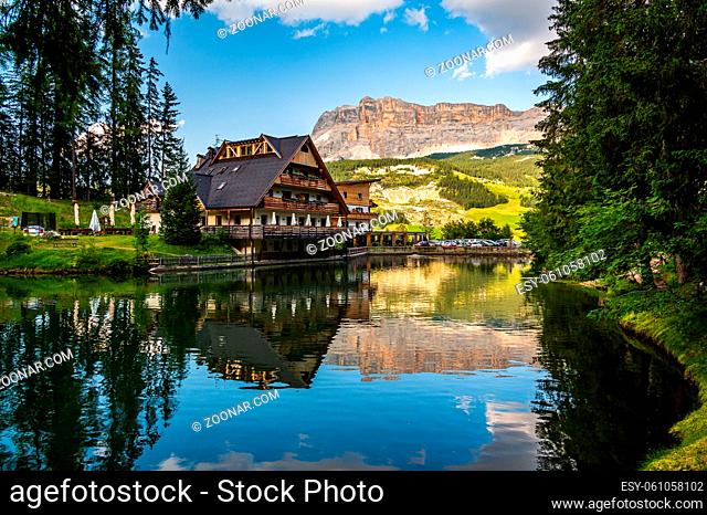 Little alpine lake dla le, near La Villa in the Dolomites of Val Badia, facing Sas dla Crusc