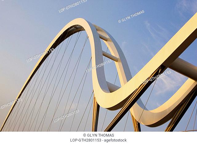 England, North Yorkshire, Stockton-on-Tees. The Infinity Bridge, a pedestrian and cycle bridge across the River Tees. The bridge is named after the infinity...