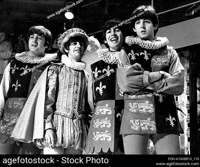 The Beatles, George Harrison, Paul McCartney, John Lennon, Ringo Starr in medieval costumes for the TV show ""Around the Beatles""