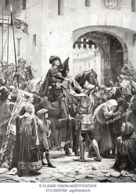 Joan of Arc receives her sword before setting out for Orléans during the siege of 1428-1429. Joan of Arc, c. 1412 -1431, aka The Maid of Orléans