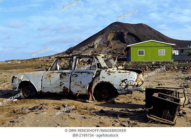 Car wreck in quarry near Calhau, Sao Vicente, Cape Verde, Africa