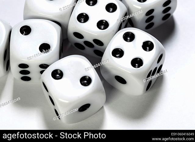 Macro shot of multiple dice on white background