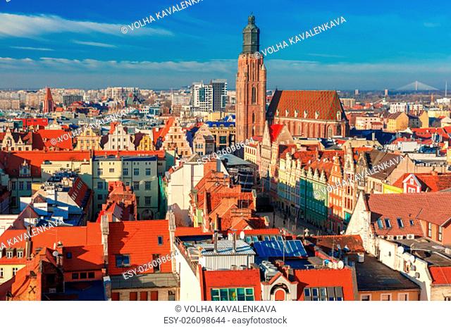 Aerial view of Old Town with St. Elizabeth&#39;s Church from St. Mary Magdalene Church in the morning in Wroclaw, Poland