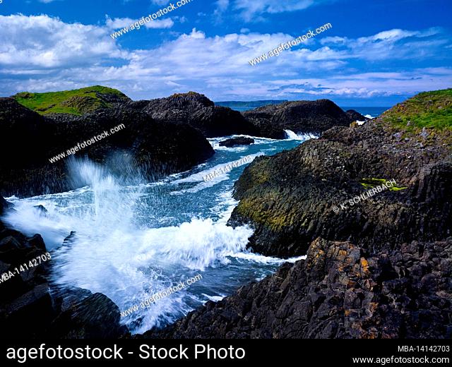 europe, northern ireland, county antrim, causeway coast, foamy surf on the basalt rock coast