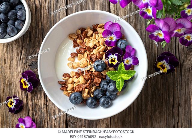 Breakfast cereals with yogurt, blueberries and edible pansy flowers, top view