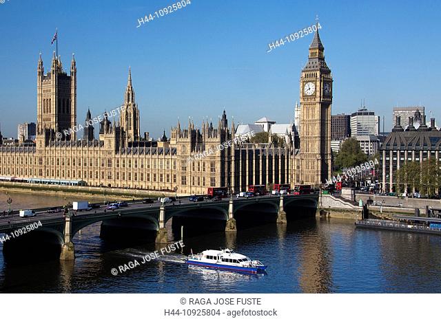 UK, Great Britain, Europe, travel, holiday, England, London, City, Palace of Westminster, Houses of Parliament, Big Ben, river, Thames, bridge, skyline, boat