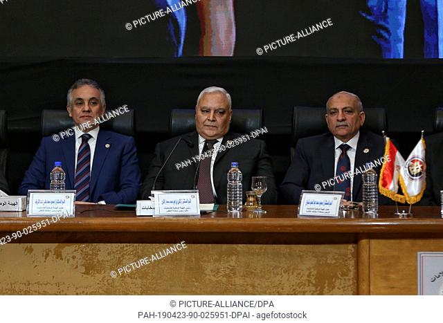 23 April 2019, Egypt, Cairo: Lasheen Ibrahim, (C), head of the Egyptian National Elections Authority (NEA), attends a press conference at the NEA's headquarters...