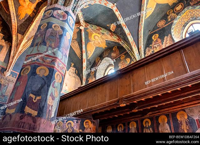 Lublin, Lubelskie / Poland - 2019/08/18: Medieval frescoes and architecture inside the Holy Trinity Chapel within Lublin Castle royal fortress in historic old...