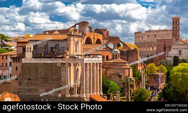 The historical open-air museum Roman Forum, view from Capitolium Hill in Rome, Italy