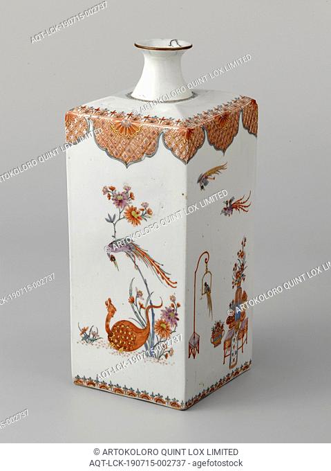 Square bottle with flowering plants, a dragon, birds, flower vases and insects, Square bottle of porcelain, painted on the glaze in blue, red, green, yellow