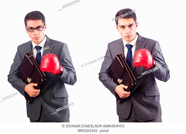 Young businessman with briefcase and box gloves isolated on white
