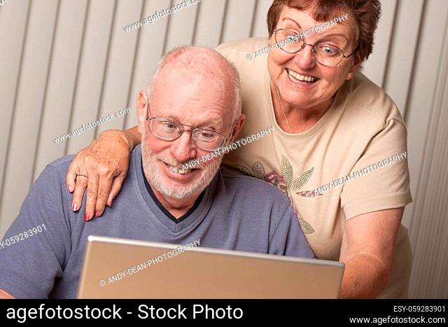 Smiling Senior Adult Couple Having Fun on the Computer Laptop Together