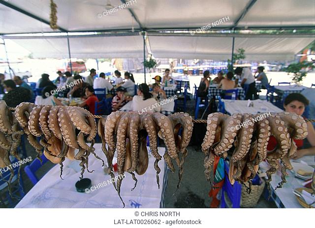 Seafood restaurant under canopy. People eating. Drying squid hanging from poles. Argo Saronic Islands