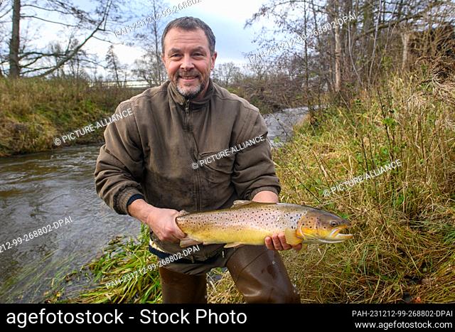 12 December 2023, Saxony-Anhalt, Zerbst: Steffen Zahn from the Institute of Inland Fisheries Potsdam-Sacrow releases a previously caught sea trout into the...