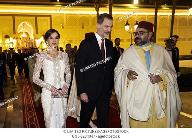 King Felipe VI of Spain, Queen Letizia of Spain, Mohammed VI of Morocco attends a Gala Dinner at Royal Palace on February 13, 2019 in Rabat, Morocco