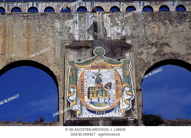 Coat of arms of the city of Elvas on Amoreira Aqueduct, 1864, Elvas (Unesco World Heritage List, 2012), Alentejo, detail. Portugal, 19th century