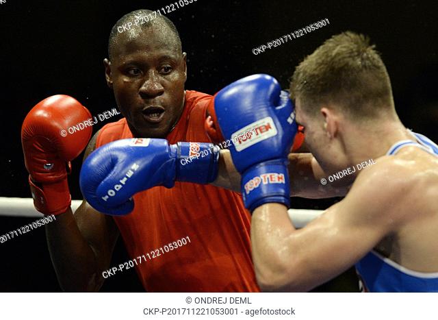 Erislandy Savon Cotilla of Cuba, left, and Jiri Havel of Czech Republic compete during the gala boxing show between European boxers and Cuban representation at...