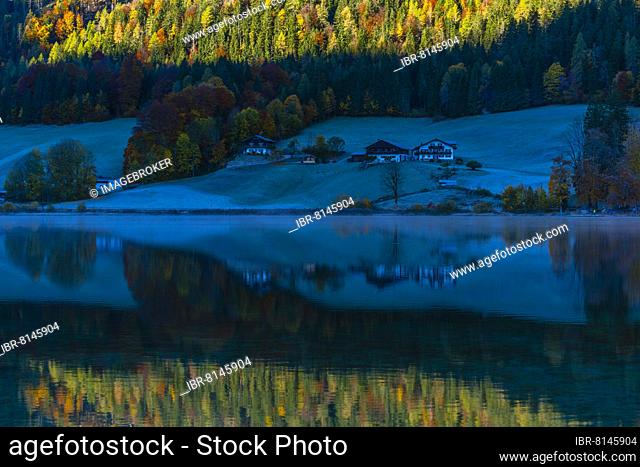 Frosty autumn morning at Hintersee, Ramsau, Berchtesgadener Land, Bavaria, Germany, Europe