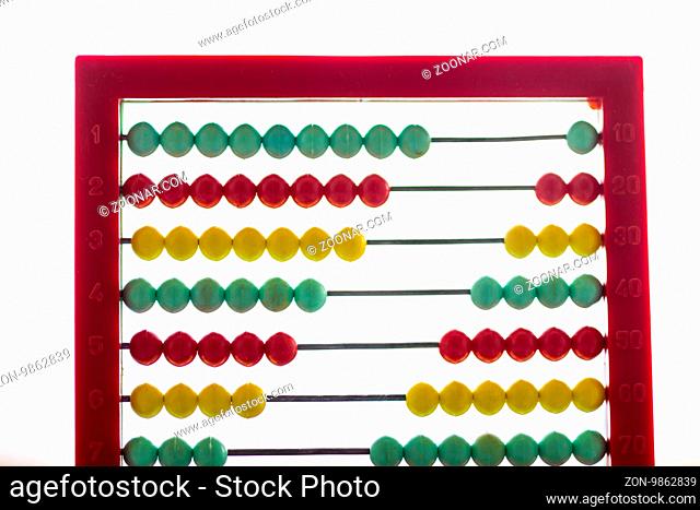 Toy abacus with rainbow colored beads on a white background