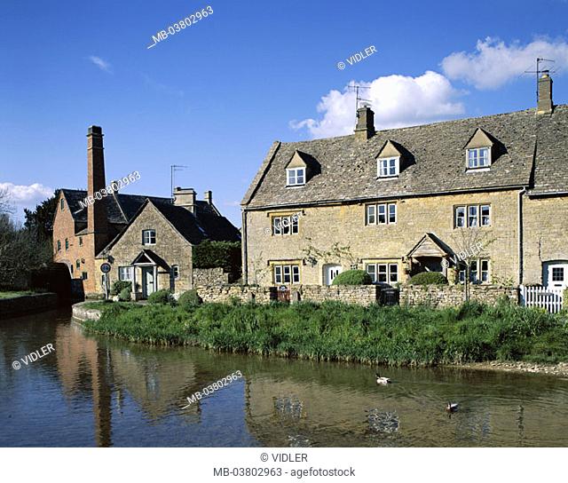 Great Britain, England, Gloustershire,  Cotswolds, Lower Slaughter, houses,  River  Europe, island, place, skyline, houses, waters, ducks, peaceful, picturesque