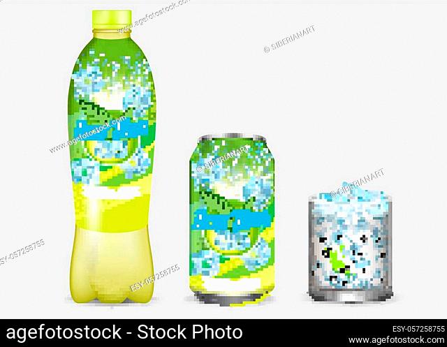 Green iced tea package mockup set. Vector realistic illustration of ice tea plastic bottle, aluminium can with labels and glass with ice cubes and lemon