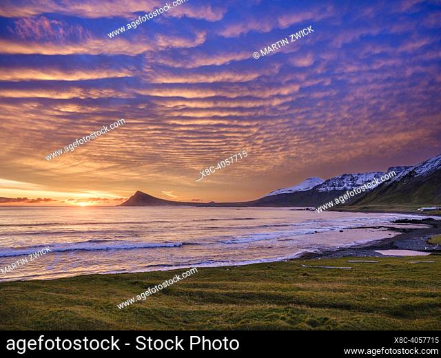Sunrise. Landscape in the Arneshreppur at bay Trekyllisvik. The Strandir in the Westfjords (Vestfirdir) in Iceland during autumn