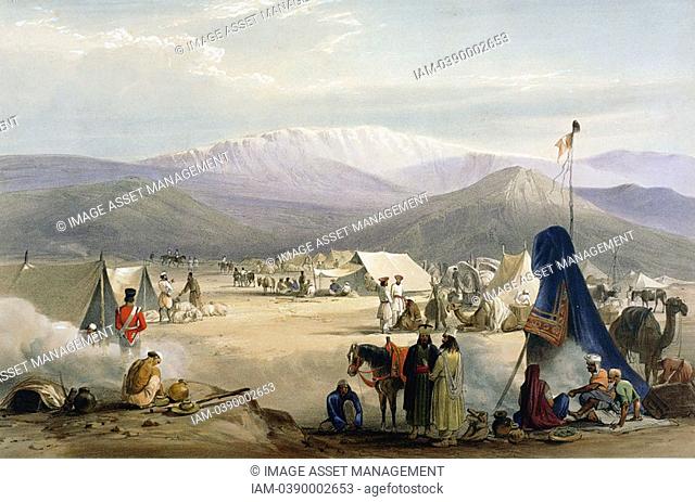 First Anglo-Afghan War 1838-42: British army under canvas at Dadur at entrance to the Bolan Pass  Sioriab mountains in background  From J Atkinson 'Sketches in...