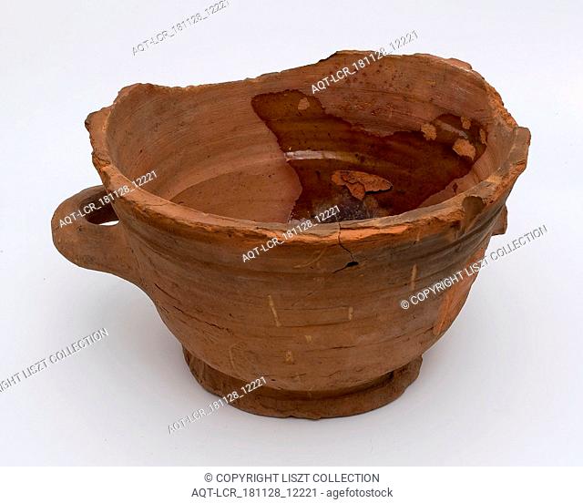 Pottery flower pot on stand with two horizontal sausage ears, five holes in the bottom, flower pot holder earthenware foundry pottery