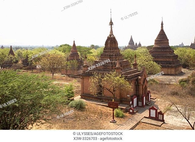 View of stupas and temples near Alotawpyae temple, Old Bagan and Nyaung U village area, Mandalay region, Myanmar, Asia