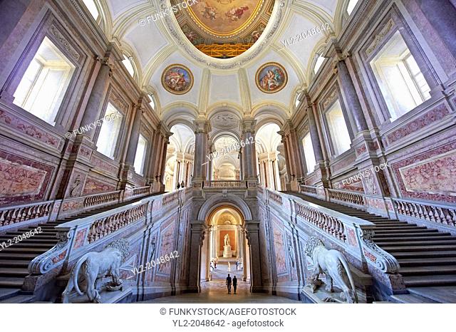 The Baroque Honour Grand Staircase entrance to the Bourbon Kings of Naples Royal Palace of Caserta, Italy. A UNESCO World Heritage Site
