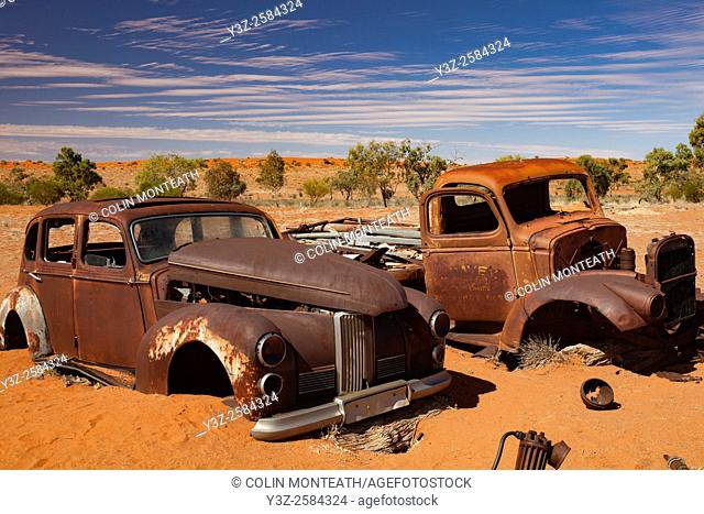 Rusted car & truck wrecks, Old Andado Station, Simpson desert, Northern Territory, Central Australia