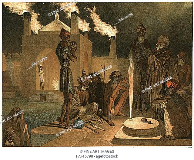 Fire worshipper before the Ateshgah at Surakhani, Baku. Gagarin, Grigori Grigorievich (1810-1893). Colour lithograph. Romanticism. 1847