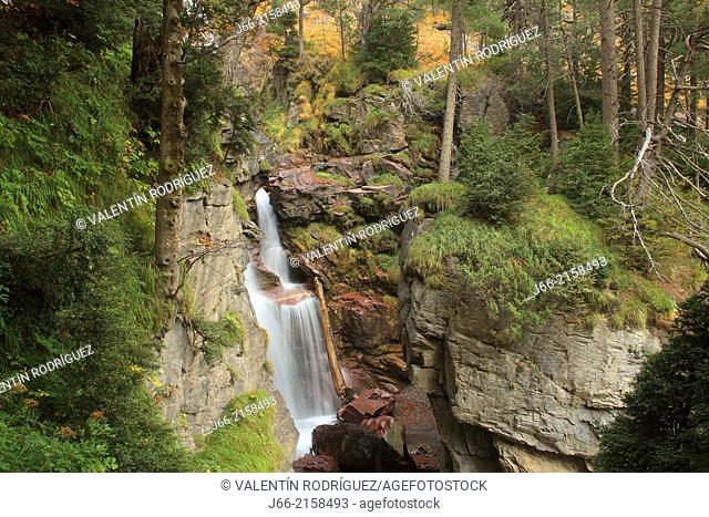 waterfall in ravine of La Larri in the valley of Pineta. National Park Ordesa and Monte Perdido. Huesca