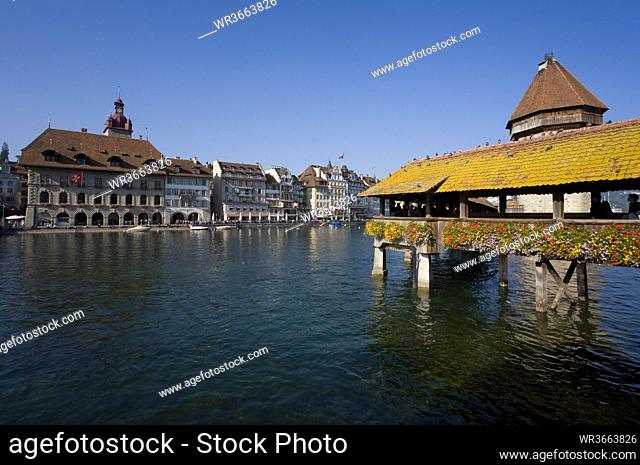 Switzerland, Lucerne, River Reuss with Chapel Bridge and Water Tower
