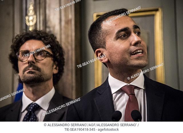 Leader of Five Stars Movement (M5S), Luigi Di Maio (R), with Danilo Toninelli (L) address the media after a meeting with Senate Speaker Casellati for a round of...
