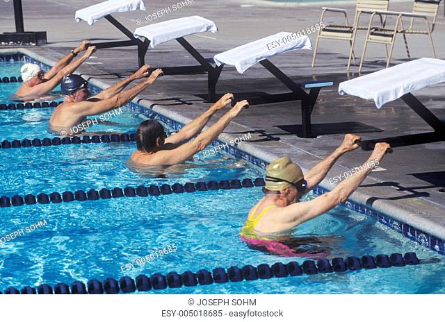 Senior Olympic Swimming competition, Men at starting gate, Ojai, CA
