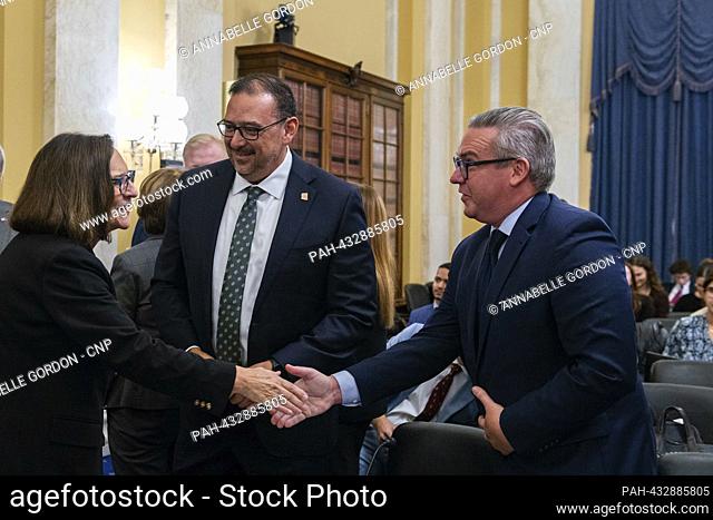 United States Senator Deb Fischer (Republican of Nebraska), Ranking Member, US Senate Committee on Rules and Administration, talks with witnesses Adrian Fontes
