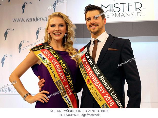 Mister West Germany 2015/2016, Florian Molzahn from Solingen (R), poses on stage with Miss Germany 2015, Olga Hoffmann, after the Mister Germany 2016 beauty...