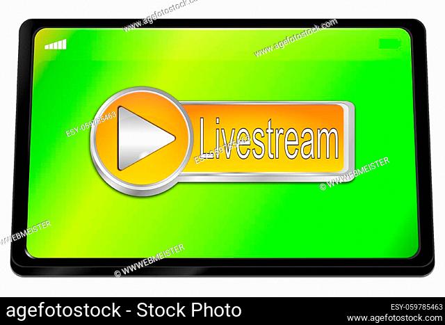 Tablet computer with orange Livestream Button - 3D illustration