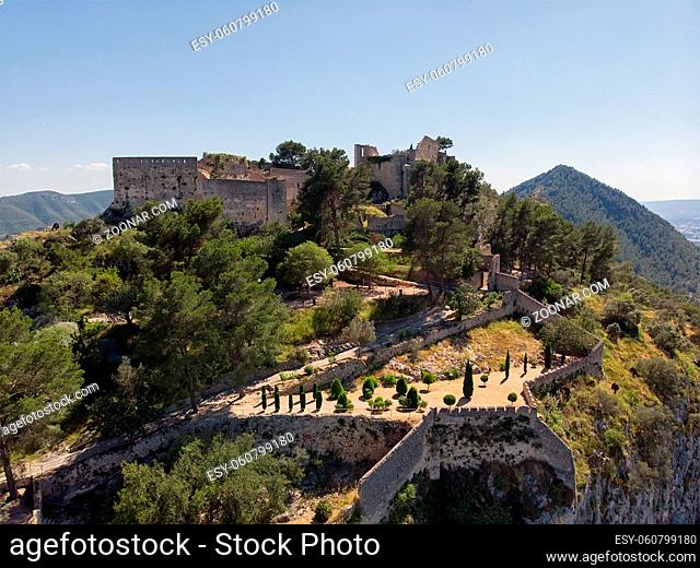Aerial image Xativa ancient spanish castle. Valencian Community, Spain