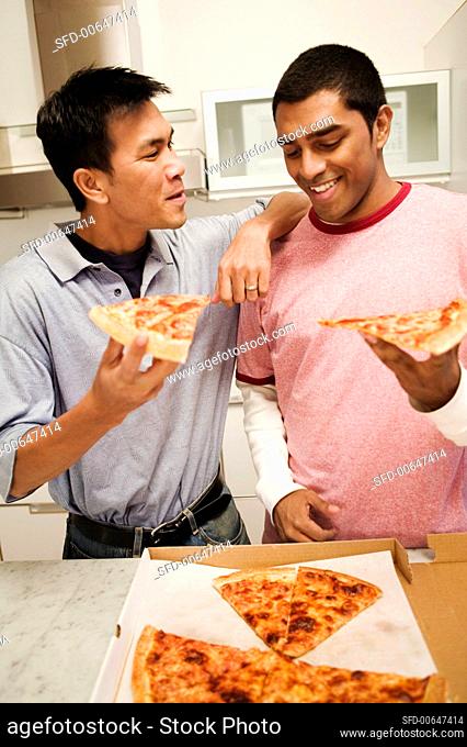 Two Friends Eating Cheese Pizza and Talking