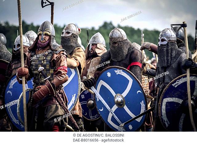 Warriors with armour, shields, swords and axes, Festival of Slavs and Vikings, Centre of Slavs and Vikings, Jomsborg-Vineta, Wolin island, Poland