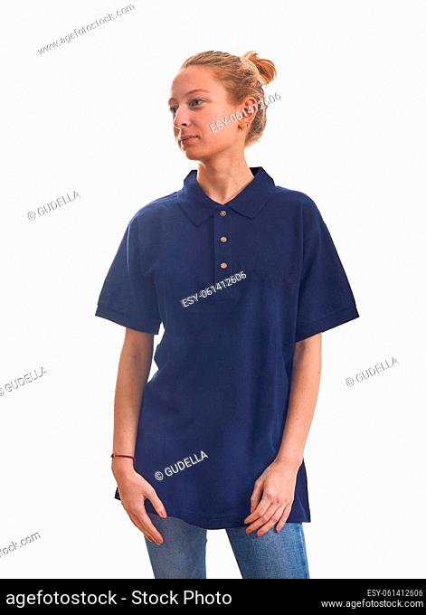 Woman in dark blue blank t-shirt loose fitting oversized
